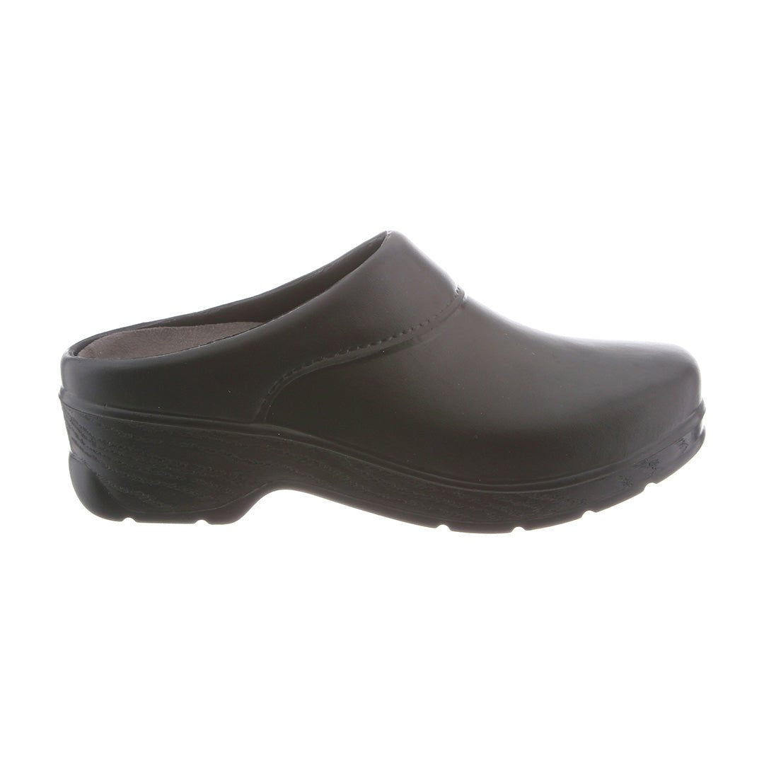 Outside view of the Abilene black slip-resistant clog, featuring a durable leather upper and a sturdy, slip-resistant outsole designed to provide safety and style in a restaurant setting.