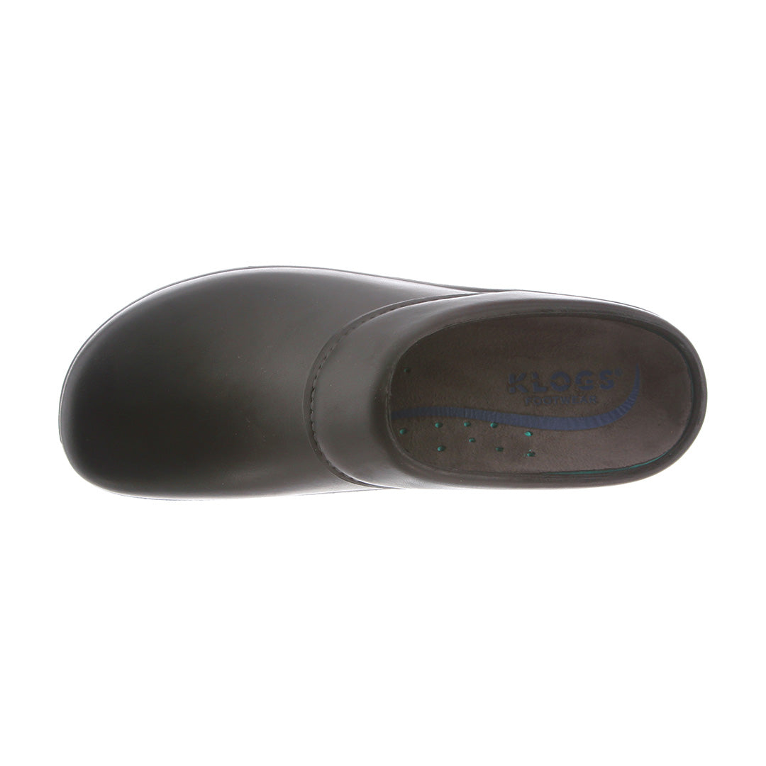 Top view of the Abilene black slip-resistant clog, highlighting the smooth, seamless leather design and the easy slip-on style, perfect for busy restaurant environments.